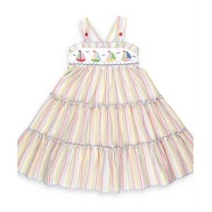 Shrimp & Grits Kids Smocked Sailboat Striped Tiered Dress Size 7 Spring 2023 z2